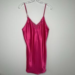 VTG Inner Most Hot Pink Satin Lace Large V Neck Midi Slip Night Gown Sexy READ